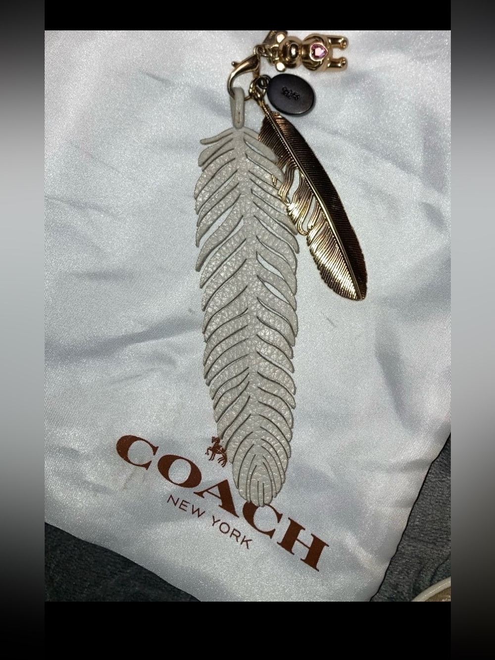 Coach Dual Feather Charm Keychain in Gold & Cream and mini bear charm (2 pieces)
